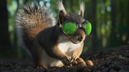 Obraz premium A quirky squirrel wearing sunglasses and perched playfully on a tree branch in bright sunshine
