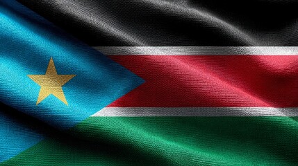 Realistic depiction of the national flag of South Sudan waving gently in the breeze