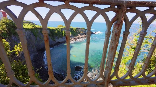 Stunning cliffs of Bermeo on the Basque coast, aerial view in 4K with Cantabrian sea, green nature and rock formation near San Juan de Gaztelugatxe and Urdaibai Biosfera
