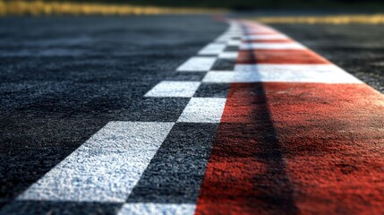 Race track finish line asphalt close-up, sunny background, speed competition