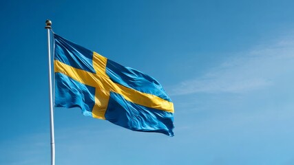 Realistic image of the Swedish flag waving in the wind against a clear blue sky