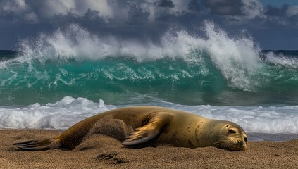 Naklejka premium Beach Seal Resting Amidst Powerful Waves
