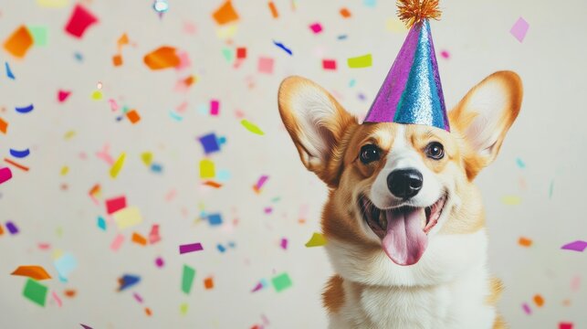 A jubilant Pembroke Welsh Corgi celebrating New Year 2025. Featuring colorful party hats and festive confetti - Powered by Adobe