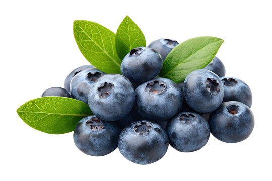 Fresh blueberries with green leaves isolated on transparent background