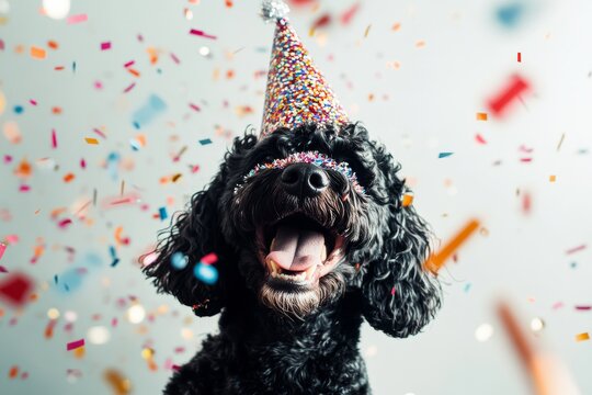A jubilant Portuguese Water Dog celebrating New Year 2025. Featuring party hats and colorful confetti