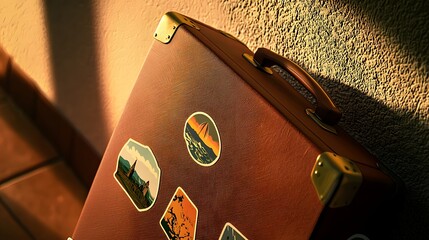 Vintage suitcase decorated with colorful stickers from various destinations evoking travel memories