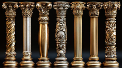 Row of six tall, ornate columns made of gold. The columns are arranged in a straight line, with each one slightly taller than the one before it
