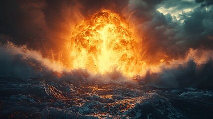 Massive explosion at sea with towering water column