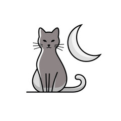 Naklejka premium Cute gray cat sitting under crescent moon