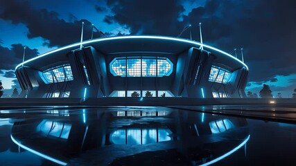 Futuristic stadium building with glowing blue neon lights, high-tech architecture, and dramatic sky reflections on wet ground at night
- Powered by Adobe