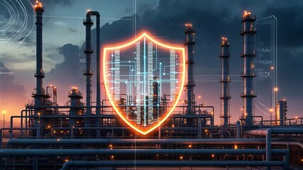 Industrial refinery plant with glowing digital shield overlay, cybersecurity technology, and futuristic data protection interface at dusk

 - Powered by Adobe