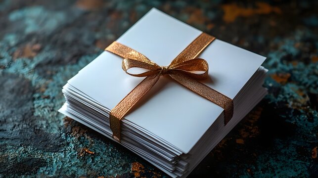 Blank white gift card tied with a golden ribbon on a stack of documents - Powered by Adobe
