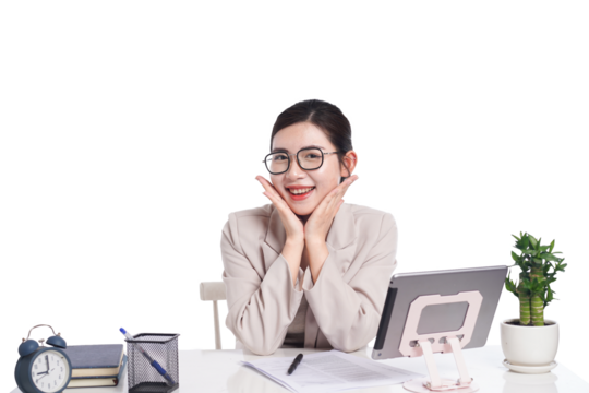 Asian businesswoman posing next to desk full of documents - Powered by Adobe