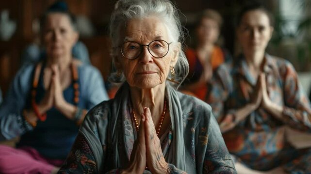 A senior Caucasian woman with glasses practices yoga in a serene indoor setting. She is joined by diverse women in the background, all in meditation poses.