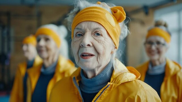 Group of senior women exercising in a gym. They wear bright orange headbands and jackets. Focus on a determined elderly Caucasian woman with gray hair.