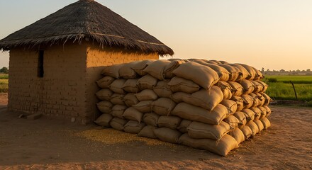 A quaint mud house with a thatched roof stands beside a large stack of hessian sacks filled with grain, illustrating traditional agricultural storage and an authentic rural lifestyle in Pakistan.