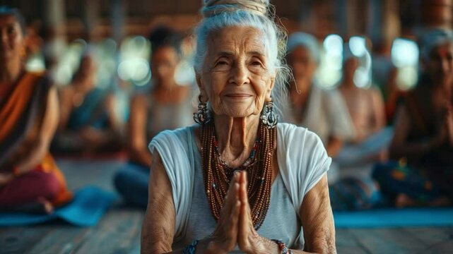 An elderly Asian woman with gray hair sits in a yoga pose, hands in prayer position. A group of diverse people practices yoga in the background.