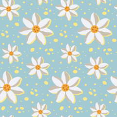 Floral seamless pattern with white flowers on blue background. Gentle illustration in flat style.