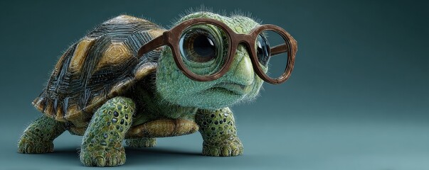 Close-up of a turtle wearing oversized glasses with a textured shell and a soft green hue against a gradient background