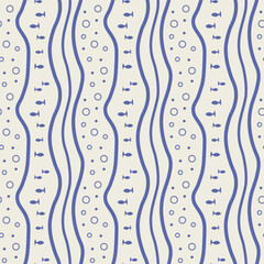 Marine seamless pattern with little fish. Abstract sea life with blue waves and bubbles on beige background. Mediterranean illustration style.