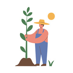 Farmer in a gentle mood tending to a young plant with a sun in the background with copy space.
