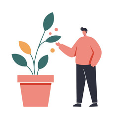 A person in an observant mood interacting with a potted plant against a white background with copy space