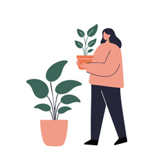 A person in a purposeful mood walking while carrying a potted plant against a white background with copy space