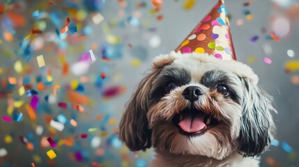 A jubilant Shih Tzu celebrating New Year 2025. Featuring festive party hats and colorful confetti