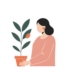 A person with dark hair in a peaceful mood holding a potted plant with a yellow fruit against a white background with copy space.