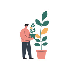 A person in a calm mood holding a potted plant standing next to a larger plant against a white background with copy space