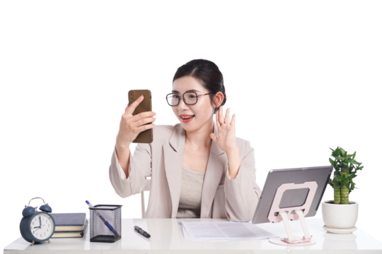 Asian businesswoman posing next to desk full of documents - Powered by Adobe