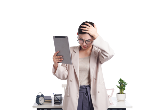 Asian businesswoman posing next to desk full of documents - Powered by Adobe