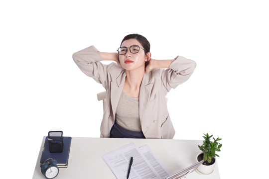 Asian businesswoman posing next to desk full of documents - Powered by Adobe