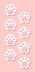 Cat paws pixel art, Cute cat paws footprint 8 bit style on pink background. Vector illustration in retro game style