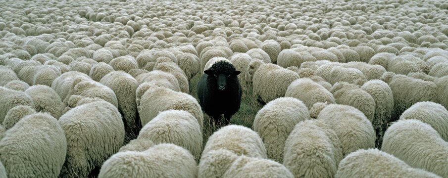 A Single Black Sheep Amongst a Vast Field of White Sheep Creating a Striking Contrast in Nature