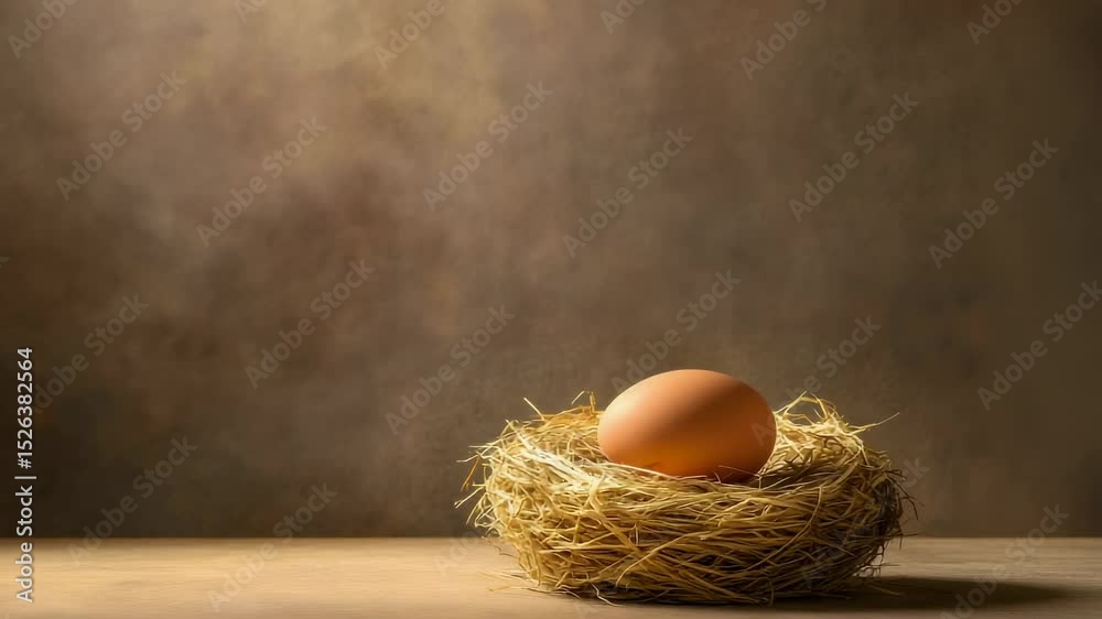 Poster six identical still life compositions present a single brown egg nestled in a small bird's nest on a