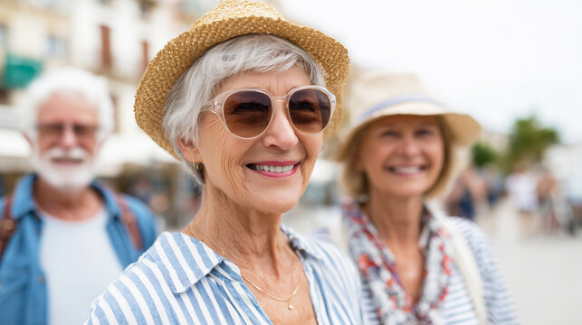 Group of happy smiling senior tourists on summer vacation