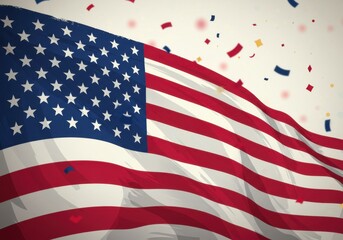 Fototapeta premium American flag waving with colorful confetti in the background 
