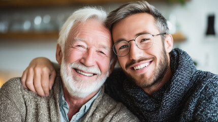 adult son or grandson hugging his happy senior father for father's day