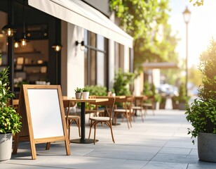 Outdoor cafe seating with blank menu board on a sunny day