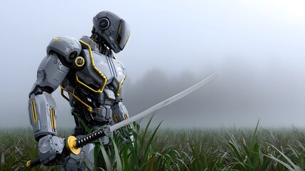 Armored robot warrior wields katana in misty field