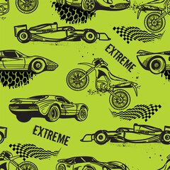 Abstract seamless pattern with sport cars and motobikes .Bright background with grunge elements for textiles, children's clothes, prints. Pattern for boys