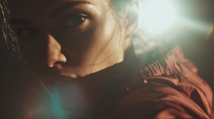 Close up portrait of a determined sportswoman with sweat on her face, illuminated by dramatic lighting, creating a cinematic and intense atmosphere