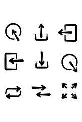 Basic navigation, action, and direction icons.
Common user interface symbols for interaction.
A collection of arrows and utility pictograms.
