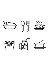 Simple culinary symbols. bowls, utensils, beverages, snacks.
Outline illustrations of various food items and beverages.
