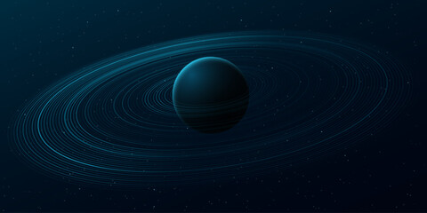 3D blue planet with glowing rings floating in deep space. Minimalist sci-fi cosmic, futuristic vibe. Concept related to astronomy, astrophysics, and digital universe visuals. Vector illustration. © sersupervector
