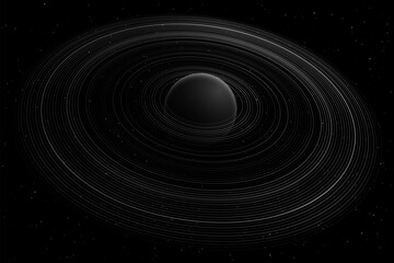 Minimalistic black space vector art depicting a stylized planet with sleek concentric rings, resembling Saturn or a black hole, set against a star-dotted cosmic background.