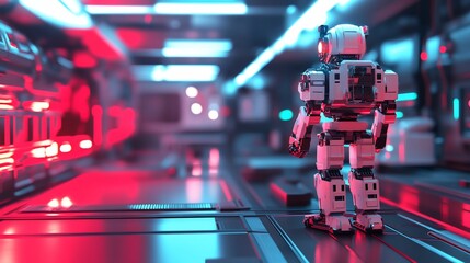 Fototapeta premium Futuristic robot in a vibrant, technological corridor