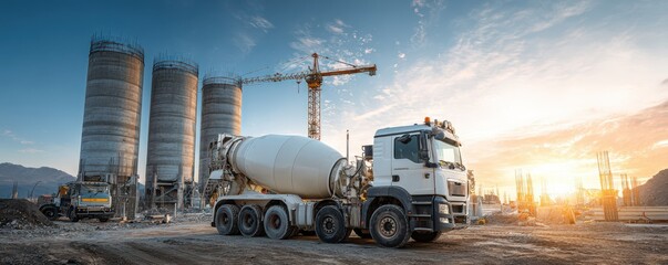 Concrete Mixer Truck at Construction Site with Silos and Crane Against Beautiful Sunset Sky