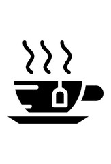 Steaming teacup icon with tea bag and saucer
Hot beverage glyph. cup, steam, tea bag
Silhouette of a warm cup of tea
